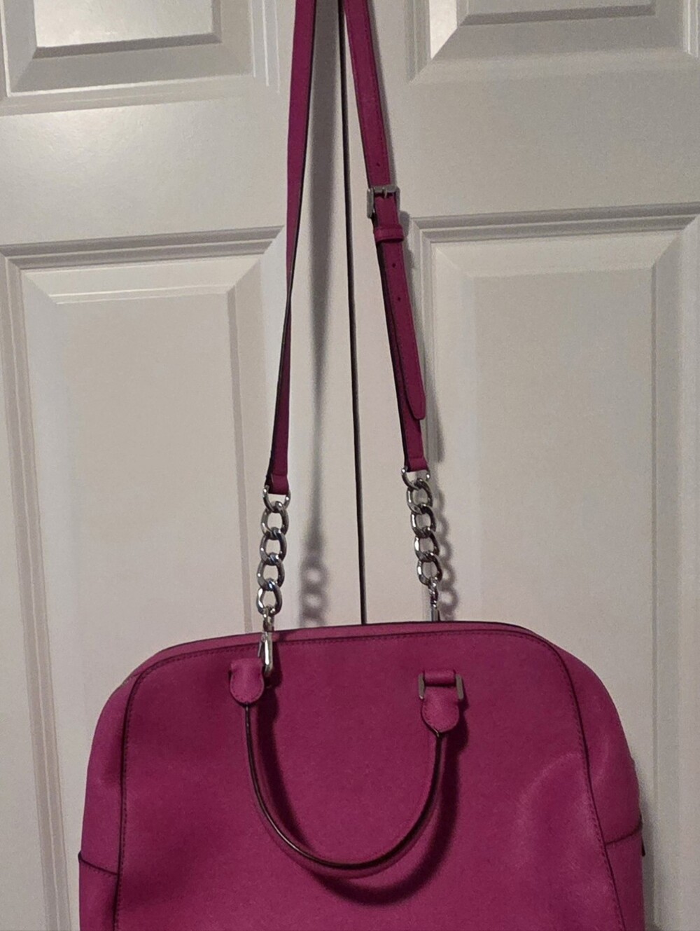 Michael Kors Fuchsia Leather Satchel with Chain Strap and MK Charm - Picture 5 of 9
